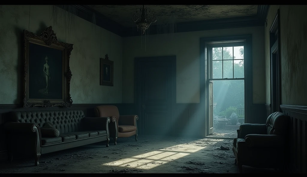 In 3D animation style:**Inside the mansion**: A dimly lit, dusty mansion interior with cobwebs hanging from the ceiling, broken furniture, and an old, mysterious painting on the wall.