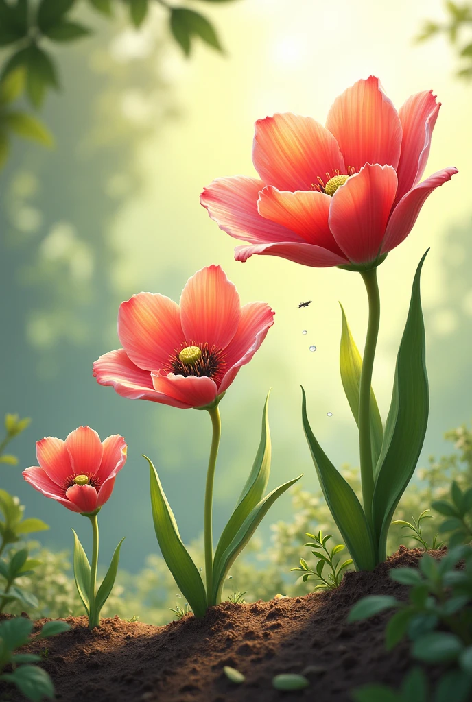 Create several small pictures showing how the growth of a flower works in 4 steps