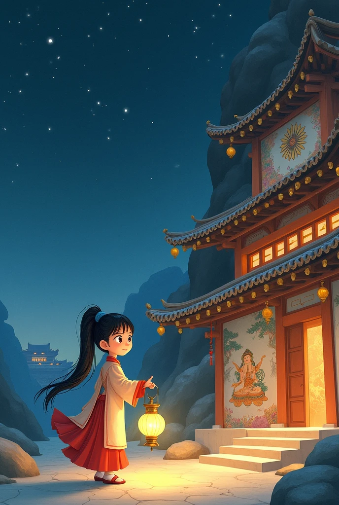 Draw a figure wearing traditional Hanfu,Handheld lantern,Standing in front of the murals of Mogao Grottoes in Dunhuang,Profile;Girl on the left side of the picture,Mogao Grottoes is on the right side of the picture;Pay attention to the ratio of the height of the characters and buildings to be realistic;Girl with curious expression,The background is the night starry sky and ancient grottoes;Picture book style;simple style;