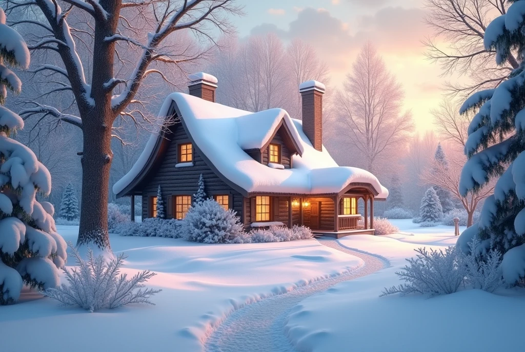 a beautiful winter field, snowy landscape, snow-covered trees, cozy cottage, warm lighting, fairytale-like atmosphere, whimsical, dreamlike, storybook style, soft focus, pastel colors, muted tones, delicate details, glowing highlights, magical realism, enchanting, inviting, peaceful, serene, (best quality,4k,8k,highres,masterpiece:1.2),ultra-detailed,(realistic,photorealistic,photo-realistic:1.37),vibrant colors,intricate details,elegant composition