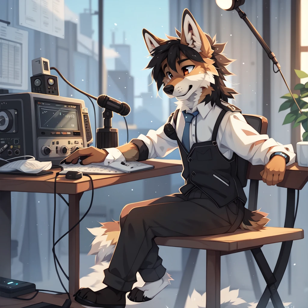 full body，male，coyote，Telegraph，Telegraph operator，radio，Desktop Microphone Stand，Black vest with white sleeves and blue tie，too,AMATEUR RADIO，Radio Station，Radio transmitter，Electronic Instruments，Precision instrument panel, ((by keihound, by reysi)), by Zackary911, by hyattlen, by fumiko, by fluff-kevlar, Furry, Anthro,