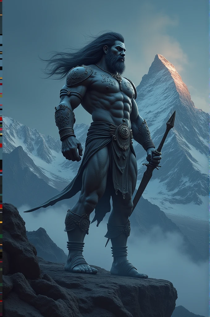 Lord hanuman standing on a mountain during night written Ram on his chest and holding a sword with fully bulk muscles.