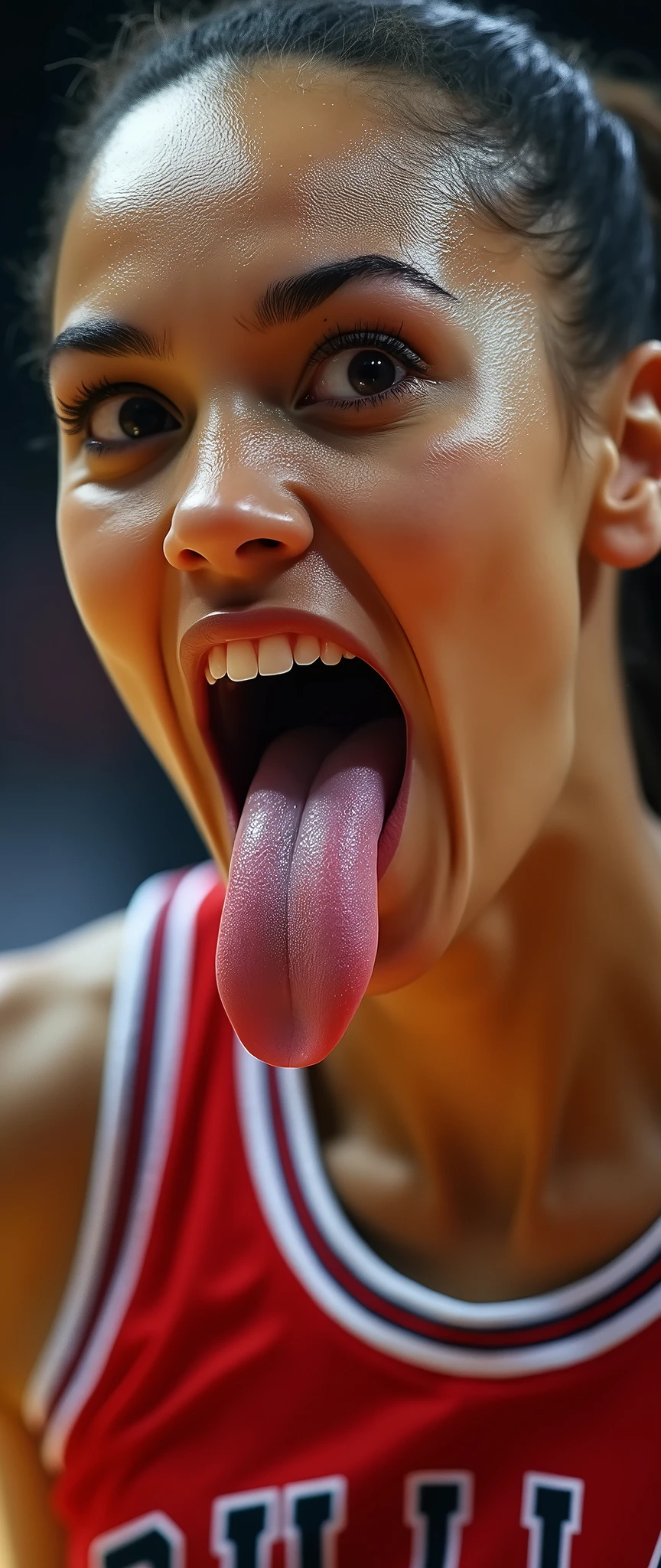 (masterpiece),(Highest quality),(Very detailed),(Ultra-high resolution),(Realistic:2.0),(RAW Photos:2.0),8k,wallpaper,(11 women:2.0),(Very beautiful woman:2.0),(Women basketball players:2.0),(Get past your opponents with a fast dribble:2.0),(dynamicアングル:2.0),(Chicago Bulls uniform:2.0),(The woman is sticking out her tongue:2.0),(Serious:2.0),(Very detailed顔:2.0),(Very detailed手:2.0),(Detailed tongue:2.0),(Muscular:2.0),(dynamic:2.0),(Basketball court),(dynamic:2.0),(VFX:2.0),(Close-up of face:2.0)