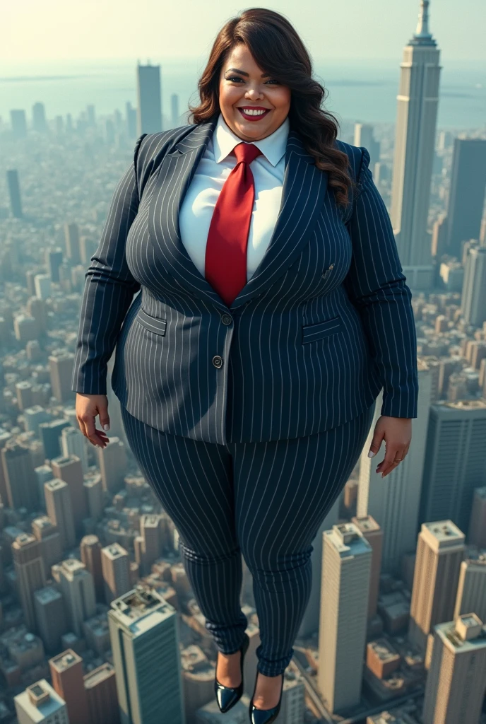 Aerial view of massive city, (heels massive bigger than city’s), looking down from above, women, curvy, very hourglass figre, huge breasts, distance shot, view from space) giga giantess. women, giga giantess, crushing city, young adults, curvy, a pair of huge breasts, slim, navy pinstriped suit,white tailored shirt, wide Windsor knot red tie, Has waist-length hair,Wearing a pair of platform heels,A look of enjoyment, Beautiful appearance, smile, satellite view of city, giga giantess world in hand.