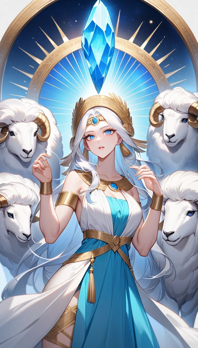 (Huang Li、high quality、Extremely detailed),Zodiac sign- Aries goddess,Giant white sheep,Woman stroking Aries,Similar to Latin goodness,brave,capricious,Productivity,The face of enterprising and humanitarianism,White long hair,Ancient Greek costumes、Wrap Dress,The background is the universe,Crystal blue eyes(Eyes Details),Powerful appearance