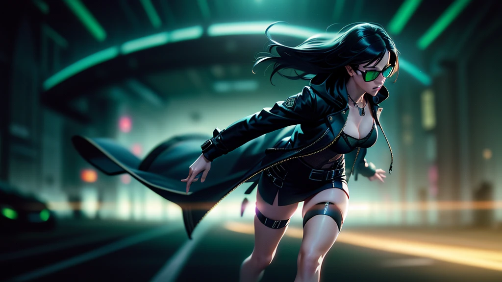 cyberpunk-style city with a nocturnal vibe with Matrix-like aesthetic references, glowing huge clock tower as time machine, green glowing cascading code. At night, (1girl, solo, alone), photorealistic, medium-breast slim:0.6 body, oval:0.5 face, cleavage:1.1, sexy black laced bra, miniskirt, white laced panty, coat, (black micro sunglasses), (holding a short gun), (slightly leaning forward running pose), ((half-body thigh level medium shot)), cinematic lighting, ray tracing, motion blurred background.