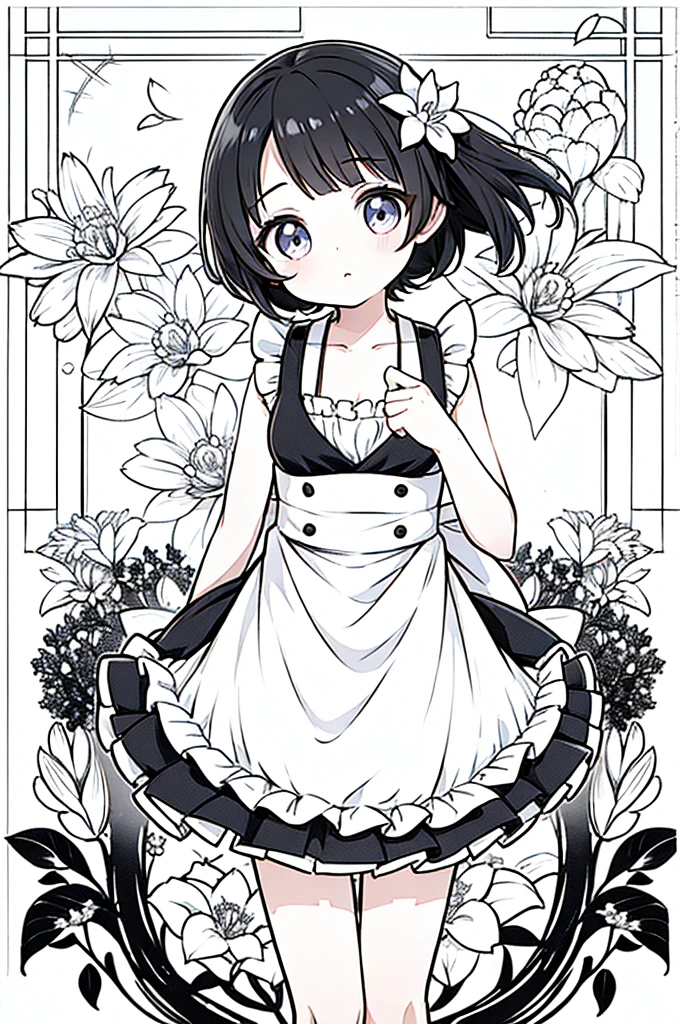 Black and white stick figure 1 with river lily flowers in the background, girl in floral dress, Anime characters (big) White apron and black hair, Fleet Series Style, Pixiv 3DCG, Ahegao, cushart krenz, Anime Moe Art Style, From the Azure Root video game, Biomechanics Boobs, Highest ranking on Pixiv, Highest quality, 8k hd, Thigh Gap, Half naked