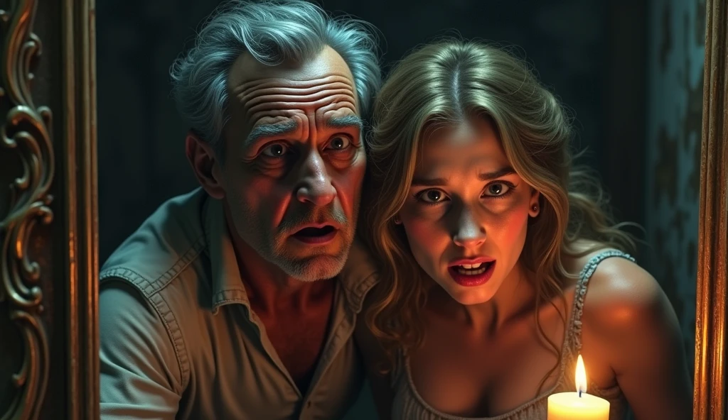 In 3D animation style:**The mysterious painting**: A close-up of an old painting depicting a frightened old man and a young woman, both looking terrified, as if they are hiding from something.