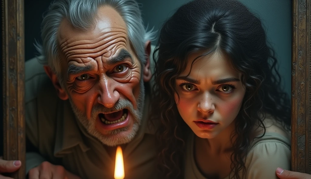 In 3D animation style:**The mysterious painting**: A close-up of an old painting depicting a frightened old man and a young woman, both looking terrified, as if they are hiding from something.