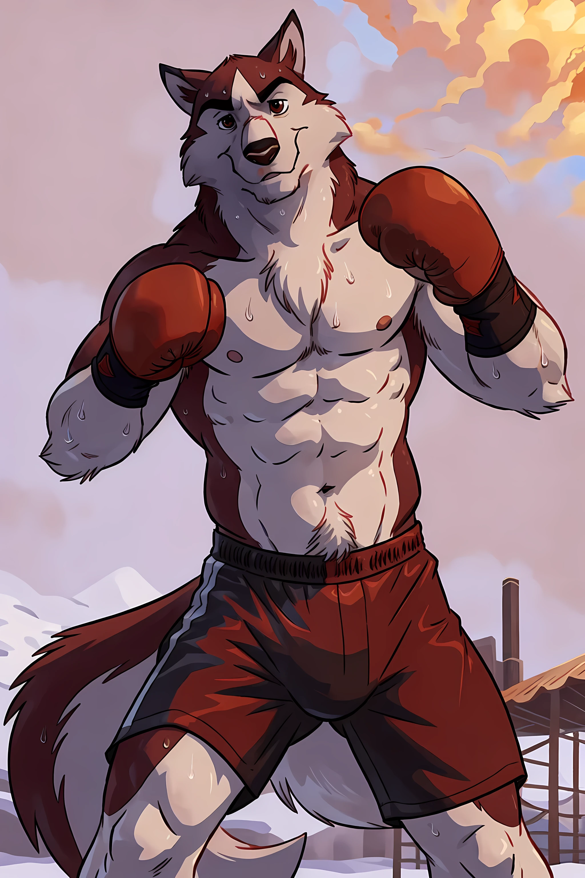 kodiak(balto film), red fur, detailed, detailed face, detailed eyes, anthro body, black lineart, black outline, male, young adult, muscular body, brown eyes, cartoon shading, cel shaded:1.0, confident, proud, smile, front view:1.1, boxing shorts, full body:1.2, wolf tail, (wearing boxing gloves, detailed boxing gloves):1.1, (no background, white background):1.2, bare chest, by wfa, by negger, sweat, exhausted, stern face, boxing stance, action pose