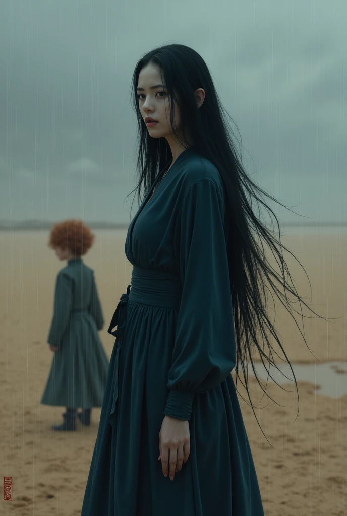 In a dark dessert, in rainy weather, a woman with very long black hair and white skin, dressed in dark blue and behind her stands a small boy child with curly red hair