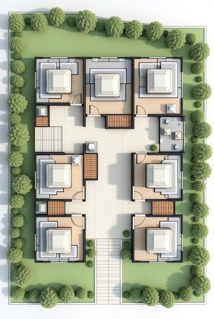 Plan floor for cluster home characteristics:

- **Shared Walls**: Cluster homes share three walls with adjacent units, maximizing land use efficiency.
- **Single Entrance/Exit**: Homes typically have only one door for entering and exiting.
- **Limited Windows**: Windows are primarily located only at the front, affecting ventilation and light.
- **Compact Design**: Designed to utilize space efficiently by positioning homes closely together.
- **Heat Retention**: Limited ventilation and shared walls can lead to higher indoor temperatures during extreme heat events.