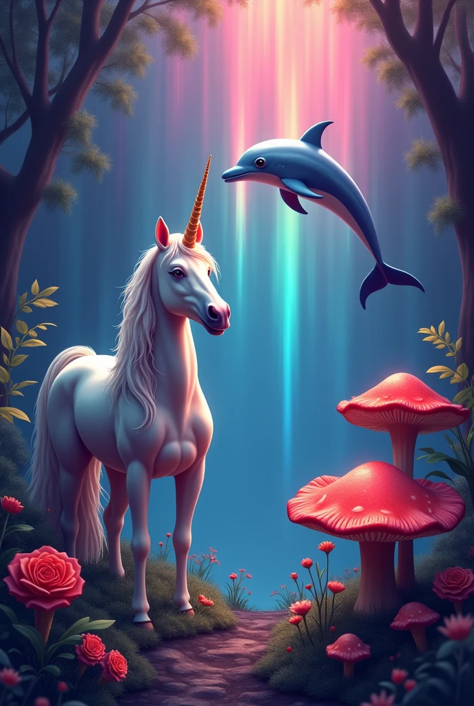 khổ 1353x3940 px, dark rainbow background, there is a unicorn in the left corner, flying dolphin, red mushroom and rose