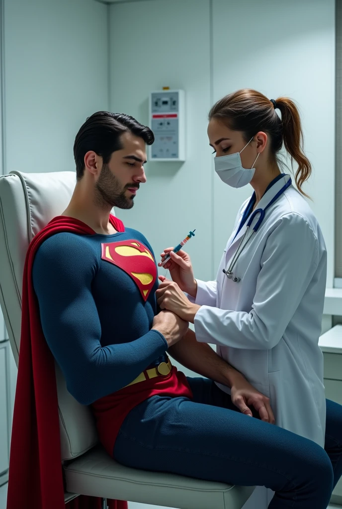 A doctor injects a vaccine into the arm of Henry William, Superman, who is sitting in a hospital. 
