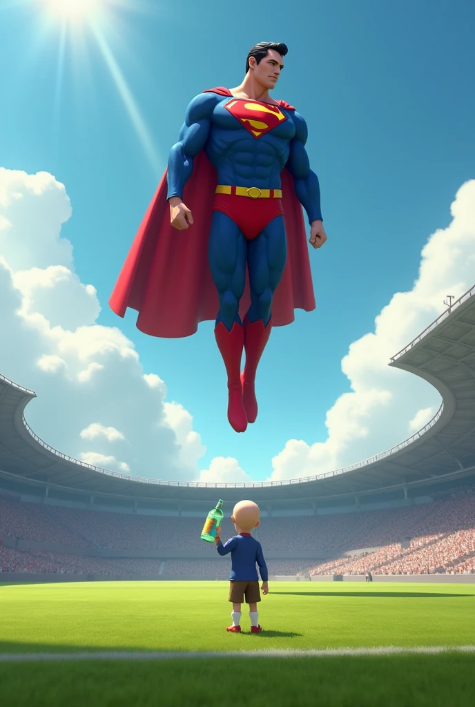 Superman flies to the football field and gives the bald dwarf a bottle of water