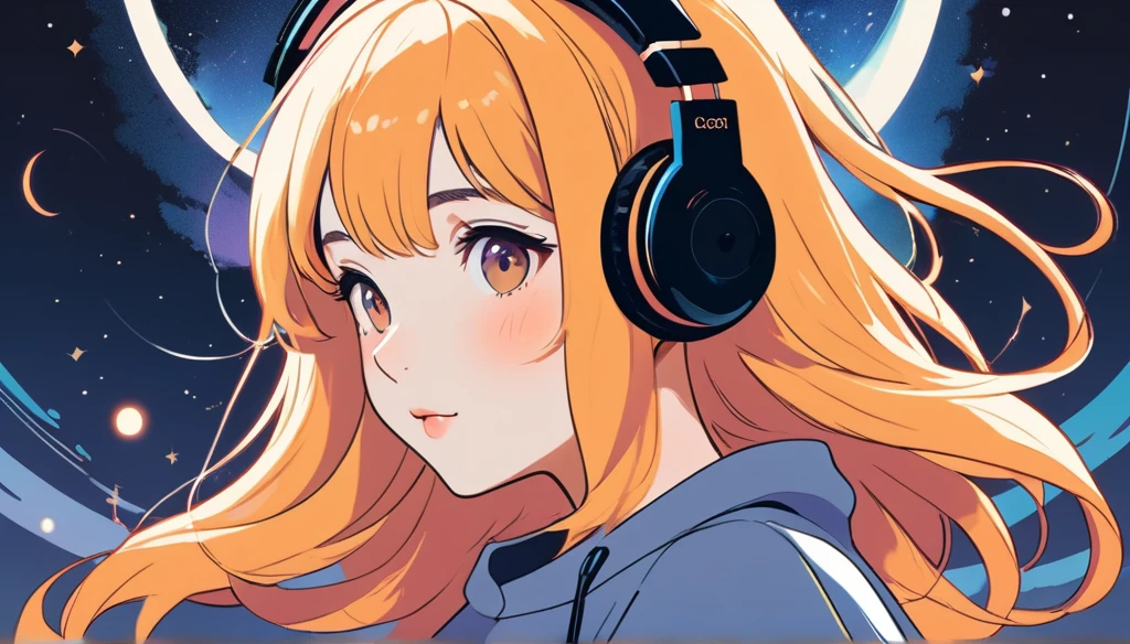 Woman wearing headphones、 Wide-angle lens, Lofi Anime, Lofi illustration, Aesthetic atmosphere, Lo-Fi Style, Vector art, Flat Design, Simple shape, Warm tones, Pleasant atmosphere, Chill, In anime style, Digital drawing, Vector art, Vector logo for t-shirt printing, (Adorable:1.5), (small:1.4), (Playful:1.2), (soft:1.3), (Whimsical:1.1), masterpiece, Highest quality, 8k, Intricate details, grow, Celestial, Mysterious, Picturesque, amazing, Majestic, Magic, Fantasy art, Cover art, dream-like