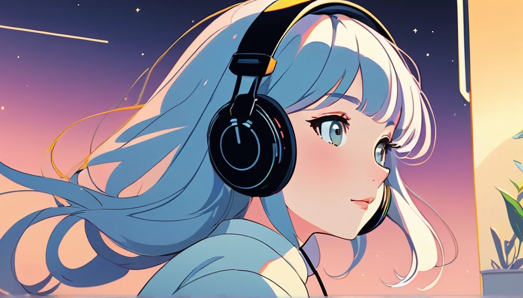 Woman wearing headphones、 Wide-angle lens, Lofi Anime, Lofi illustration, Aesthetic atmosphere, Lo-Fi Style, Vector art, Flat Design, Simple shape, Warm tones, Pleasant atmosphere, Chill, In anime style, Digital drawing, Vector art, Vector logo for t-shirt printing, (Adorable:1.5), (small:1.4), (Playful:1.2), (soft:1.3), (Whimsical:1.1), masterpiece, Highest quality, 8k, Intricate details, grow, Celestial, Mysterious, Picturesque, amazing, Majestic, Magic, Fantasy art, Cover art, dream-like