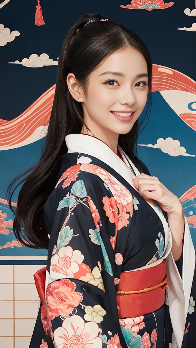 (SeaArt creates stunning illustrations of beautiful women in kimono)、Vividly colored Japanese Ukiyo-e style illustrations、A beautiful woman smiles and shows her upper white teeth、Brown-black long hair、Beautiful full body style、If you want to dance, let's dance, Tokyo Ondo, Yoi Yoi、Beautiful new digital paintings,、Bright vibrant digital anime art、 Beautiful anime portraits、background,Torii gate front of Japanese shrine、 Detailed digital anime art