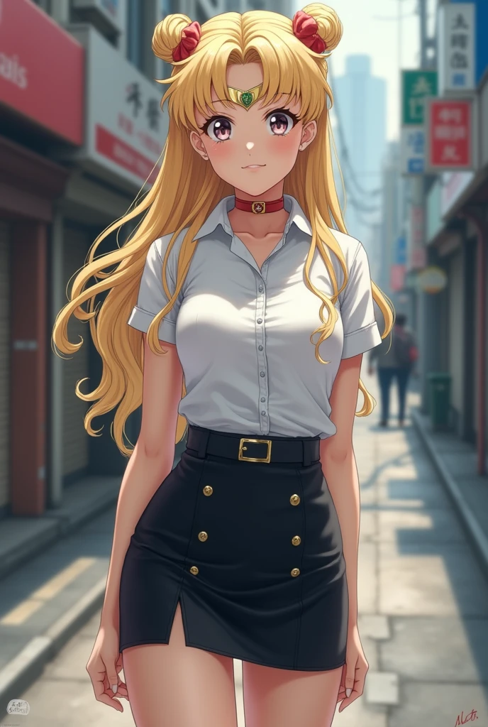 Sailor Moon,Sailor Moon wearing a white shirt,Black tight skirt,Real People,Reality