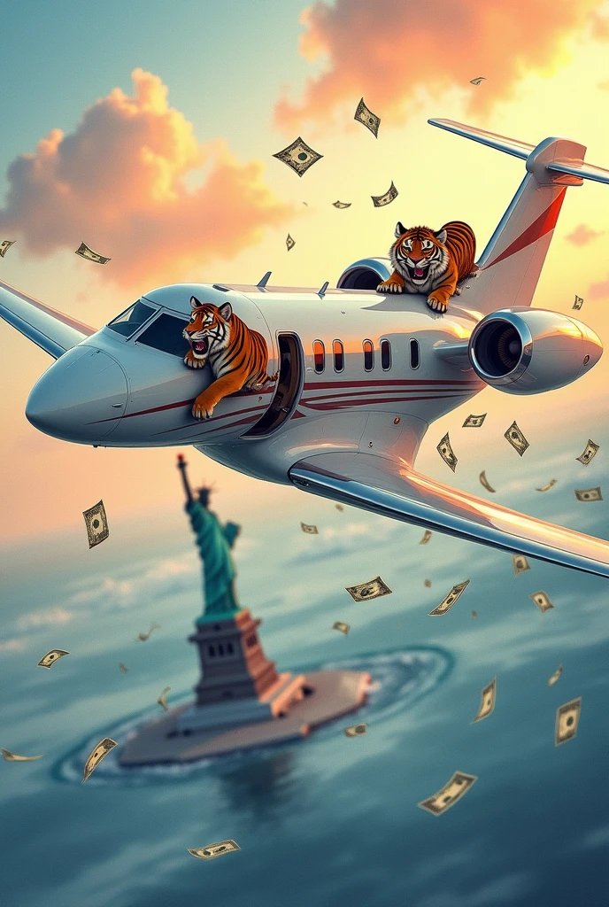 (best quality, masterpiece, watercoloor style), (private jet gulfstream G650ER, fly across the ocean, Towards America, below you can see the statue of liberty,), (little tiger hanging on the wing of the plane, scared tiger facial expression, tiger screaming), (there are banknotes flying behind the plane),(cartoon of man sticking his head out of airplane window, looking at the tiger), (afternoon, the sun is almost setting)
