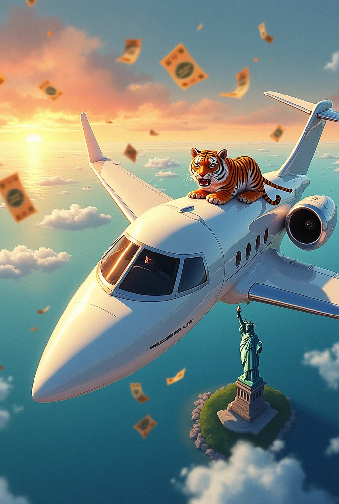 (best quality, masterpiece, watercoloor style), (private jet gulfstream G650ER, fly across the ocean, Towards America, below you can see the statue of liberty,), (little tiger hanging on the wing of the plane, scared tiger facial expression, tiger screaming), (there are banknotes flying behind the plane),(cartoon of man sticking his head out of airplane window, looking at the tiger), (afternoon, the sun is almost setting)
