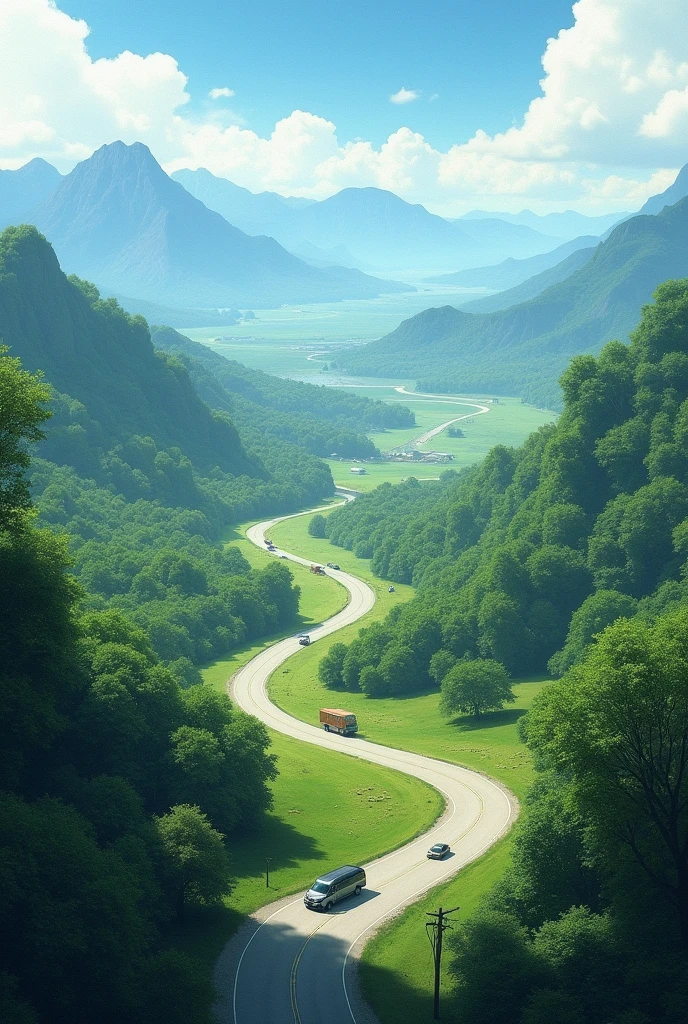 Real road
Real sky
atmosphere
Real low height mountain
Make picture realistic 
Tree more better
