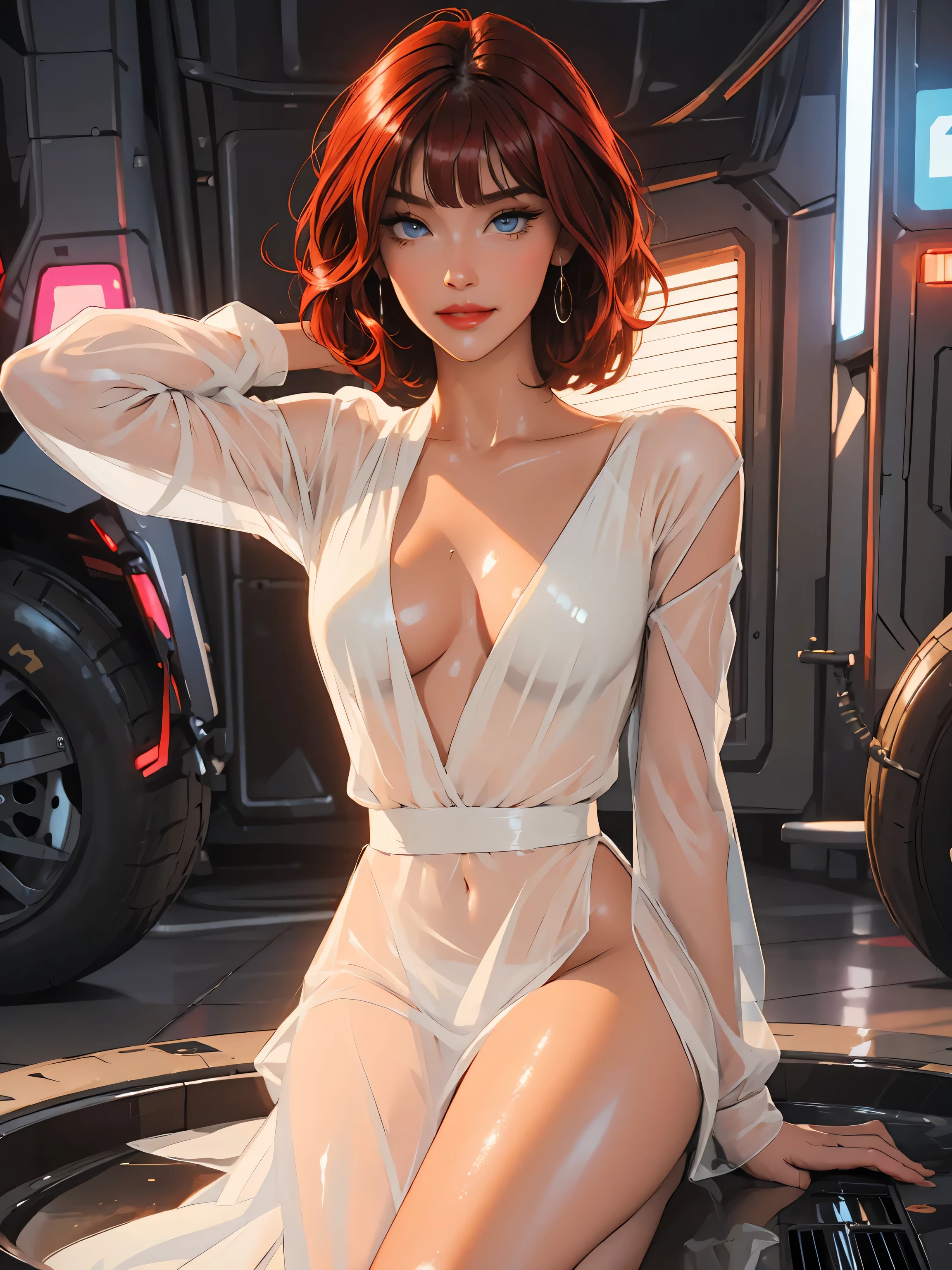 1girl,a beautiful fashion model ,(masterpiece, detailed background, best quality),short and shiny hair, red hair, hair with highlights, bangs, smirk,juicy lips,red lips, calmart, lingerie, stripping, elegant makeup, blue eyes, full body shot, (shiny skin), cyberpunk, sci fi, boa, extravagant jewelry, cocky expression, covered in jewelry, fancy, see through white dress, shiny skin, wet skin. running hand through hair