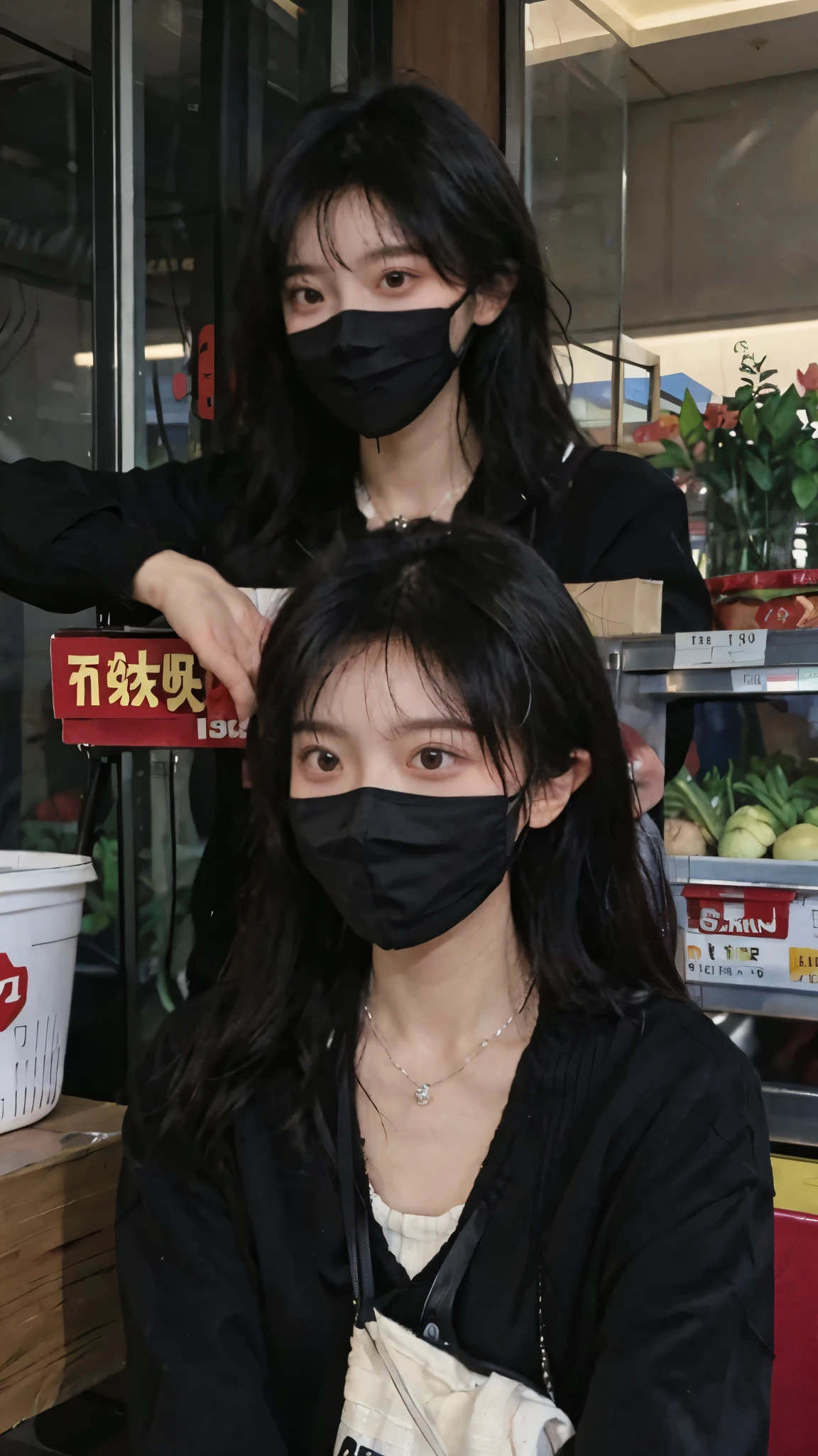 黑色wear mask，Best quality，黑色wear mask，Ultra-high resolution，(Reality:1.4)，（黑色wear mask:1.4），Cute hairpins，girll，Cropped black sweater，wear mask，Look directly at the audience，Full of atmosphere，Beautiful woman with a slim figure:1.4，黑色wear mask，supermarket，whole body，Super delicate face，Exquisite eyes，Double eyelids，necklace，黑色wear mask，