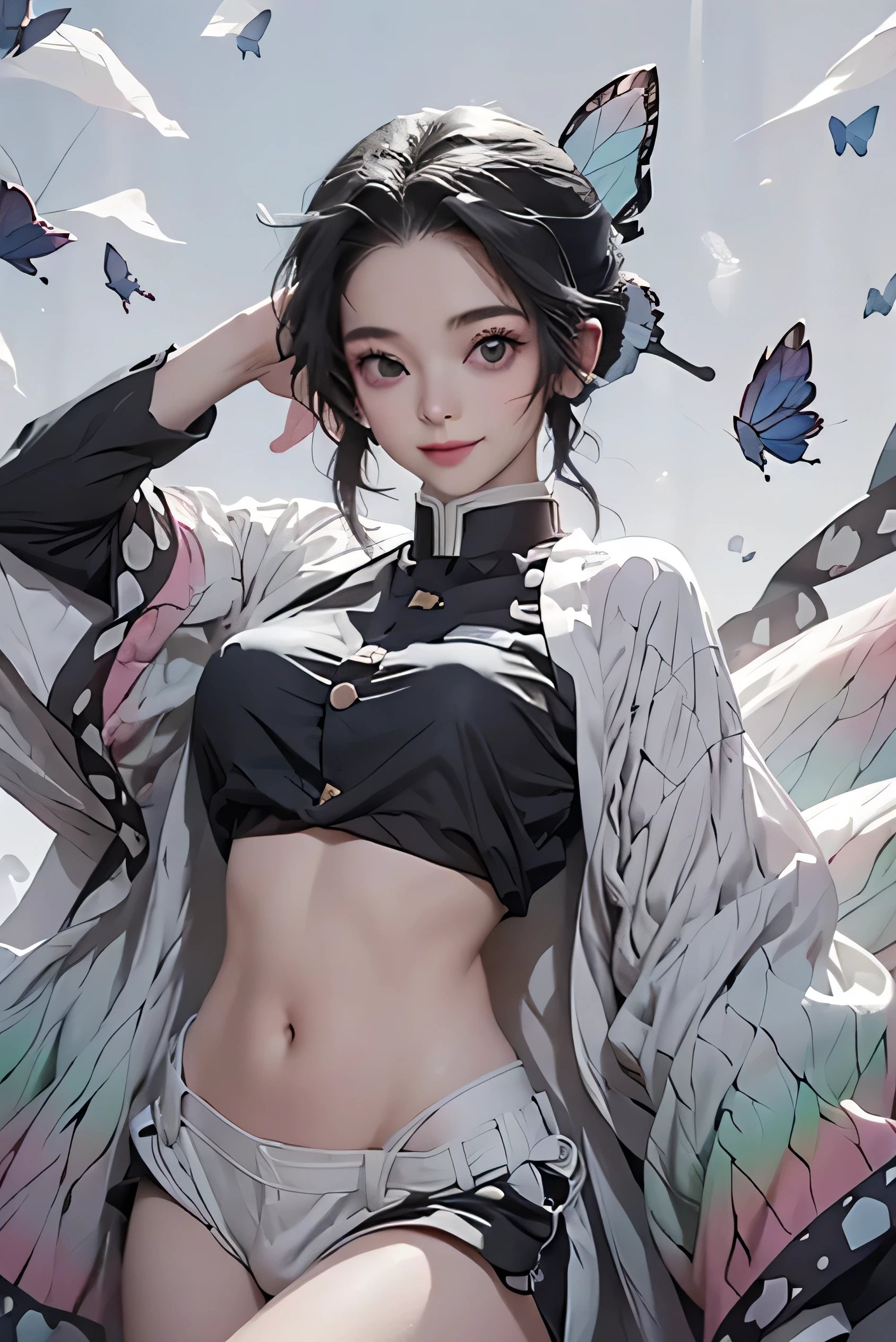 (Highest quality, 8k, Hmph:1.2), (cute Japanese), ((Ninja costume:1.5)), (Falling from the sky), Top-down configuration, Thin limbs, 穏やかなsmile, knife, Butterflies fluttering, Perfect hands, Perfect Fingers, Perfect breasts, Perfect Hair, Perfect Face, Perfect body, High resolution,Bright Eyes,(Long black eyelashes:1.5),Toned body,Flat Stomach,fit,Tight tank top,Low rise running shorts,Erect nipples,The background is a public park.,Belly button piercing,Wide Hips,Curvaceous,smile,Expressive,