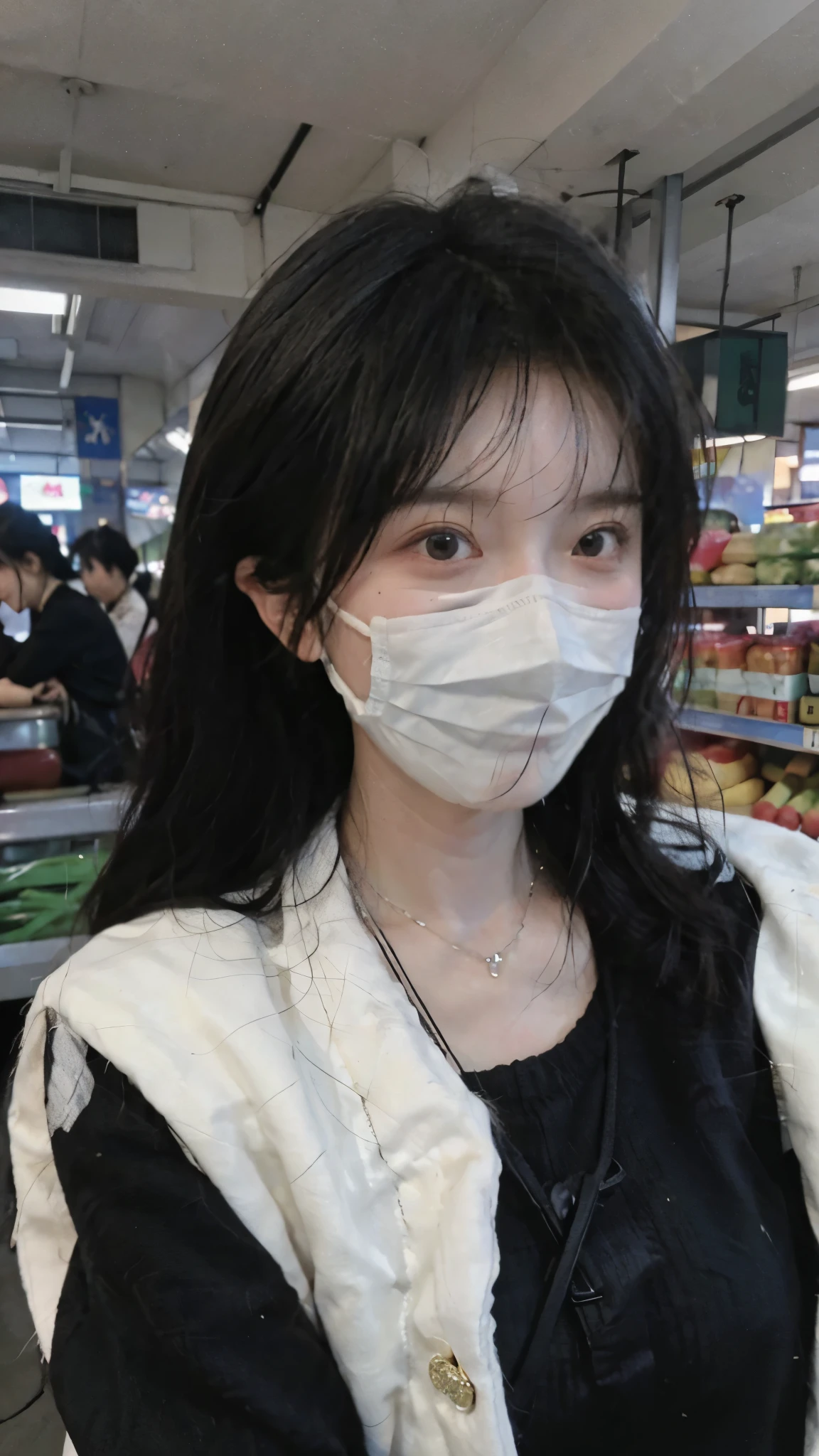 黑色wear mask,Best quality,黑色wear mask,Ultra-high resolution,(Reality:1.4),(黑色wear mask:1.4),Cute hairpins,girll,Cropped black sweater,wear mask,Look directly at the audience,Full of atmosphere,Beautiful woman with a slim figure:1.4,黑色wear mask,supermarket,whole body,Super delicate face,Exquisite eyes,Double eyelids,necklace,黑色wear mask,