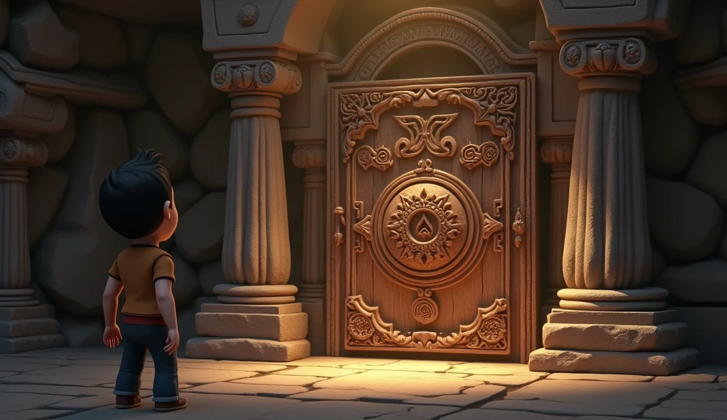 In 3D animation style:**Mohan finding the locked door**: Mohan standing in front of an ancient, ornately carved wooden door, looking at strange symbols etched above it.