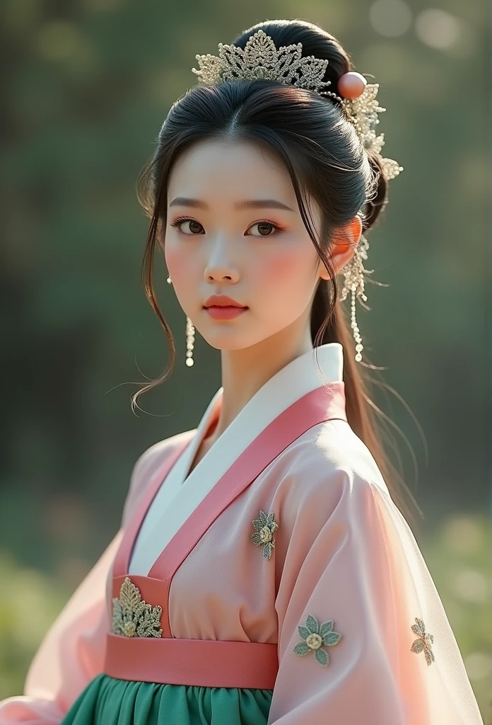 Beautiful girl in traditional hanbok, (Empress of Joseon Dynasty_gorgeous, elegance, aura, intricate and delicate detailed description), detailed perfect face, gorgeous hair decoration, (fluorescent hanbok_pink jeogori, green fluffy skirt, delicate details), Korean beauty, close-up angle, amazing, attractive, pure, blurry natural outdoor background, 8k, best quality, highly detailed and realistic, cinematic,