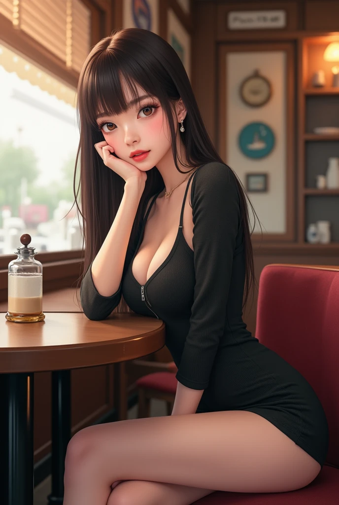 Similar to Japanese actress Kyoko Fukada A girl in a mini tight skirt crossing her legs at a cafe Her hair is long and pushed to one shoulder. She has earrings.、Glossy lips、He is leaning forward, resting his face on his elbows and looking at me.
