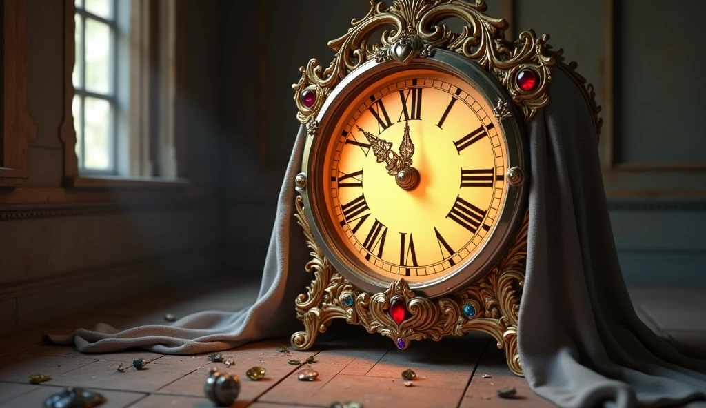 Generate a high quality, realistic seen in cinematic 3d 
cartoon style * In the corner of a room, under a dusty cloth, they find a large, ornate clock. The clock is gold and silver, with intricate designs and gemstones embedded in it. The clock face is glowing softly.
