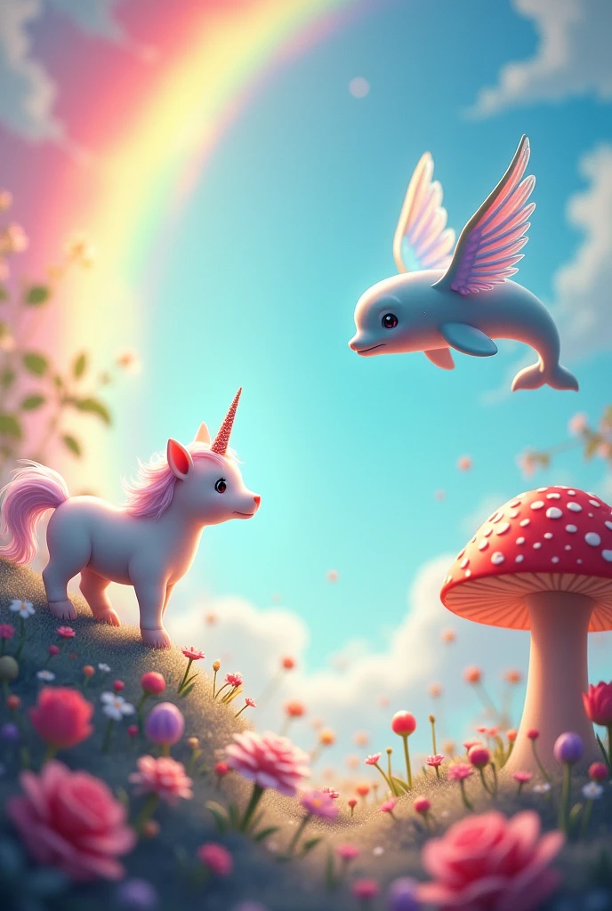 khổ 1353x3940 px, rainbow background , there is a little unicorn in the left corner, flying winged dolphin in flight, red mushroom and rose