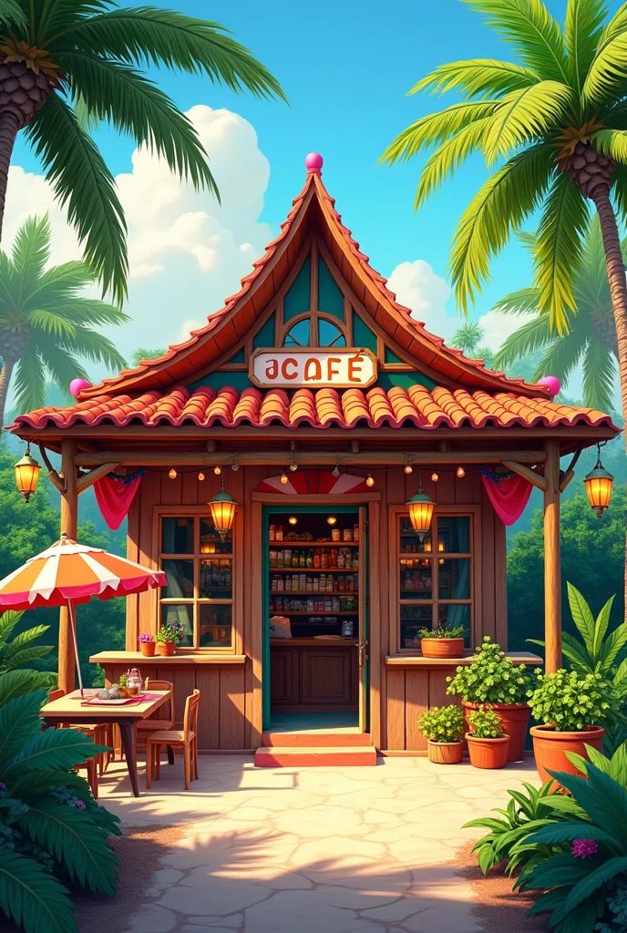 Front view of tropical style cafe