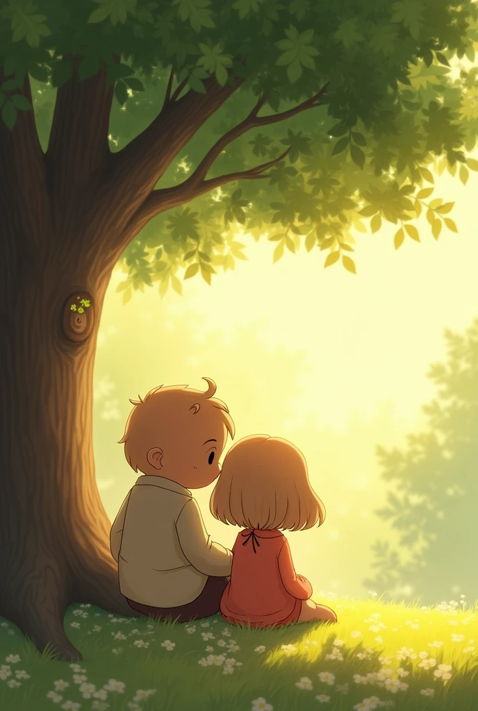 A warm, heartwarming scene of Ali and Bobo sitting under a tree, with a soft light around them, symbolizing the message of love and care that they share.