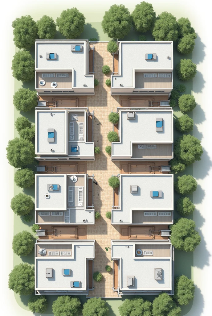 Plan floor for cluster home characteristics:

- **Shared Walls**: Cluster homes share three walls with adjacent units, maximizing land use efficiency.
- **Single Entrance/Exit**: Homes typically have only one door for entering and exiting.
- **Limited Windows**: Windows are primarily located only at the front, affecting ventilation and light.
- **Compact Design**: Designed to utilize space efficiently by positioning homes closely together.
- **Heat Retention**: Limited ventilation and shared walls can lead to higher indoor temperatures during extreme heat events.