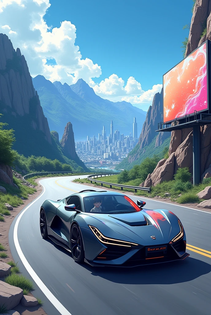 Generate anime image of a car traversing a mountain road with a billboard on right side overlooking city