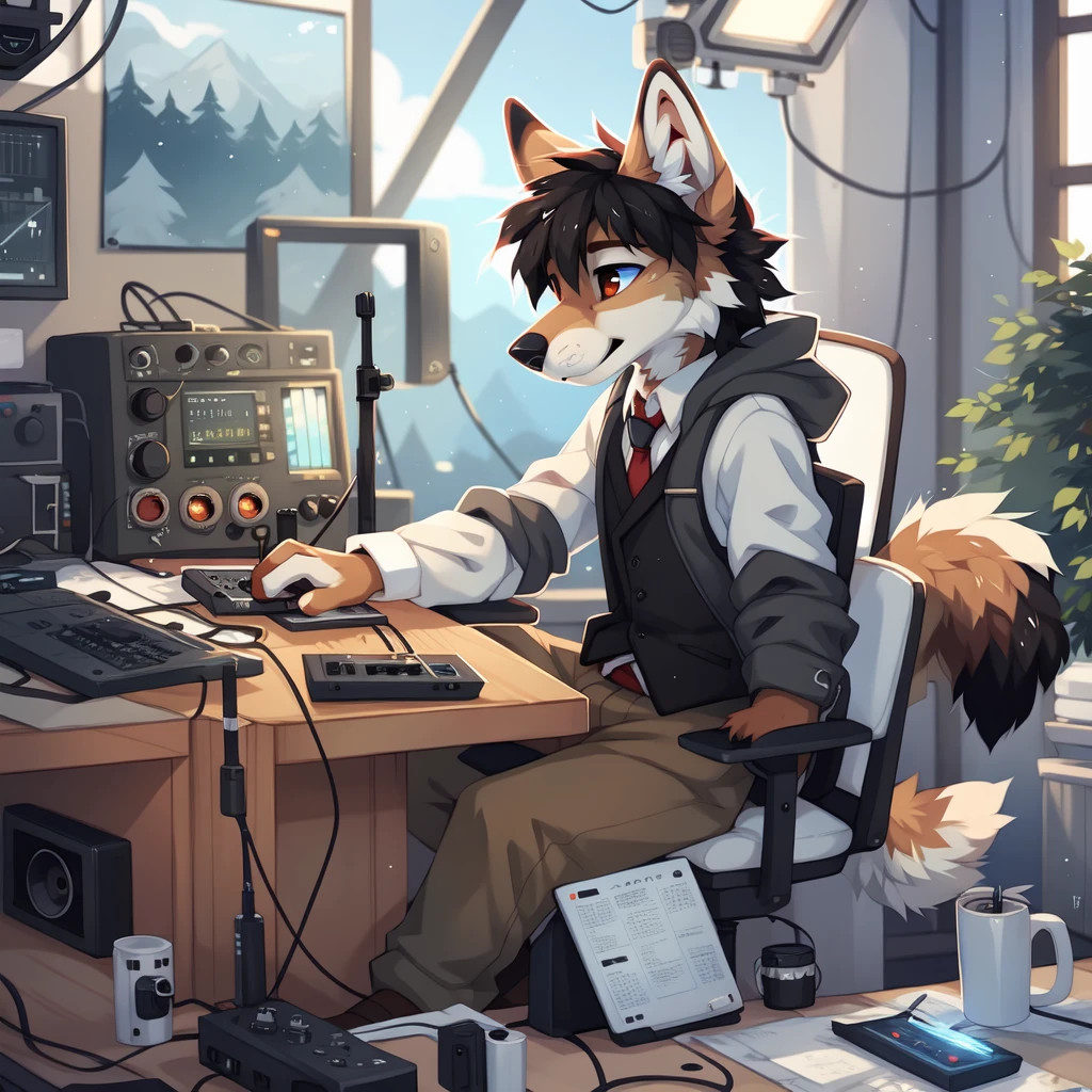 full body,male,coyote,Telegraph,Telegraph operator,radio,Desktop Microphone Stand,Black vest with white sleeves and blue tie,too,AMATEUR RADIO,Radio Station,Radio transmitter,Electronic Instruments,Precision instrument panel, ((by keihound, by reysi)), by Zackary911, by hyattlen, by fumiko, by fluff-kevlar, Furry, Anthro,