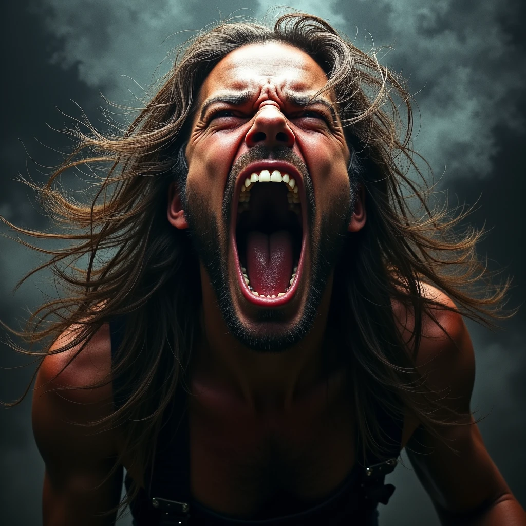 a cover for a heavy metal sampler it´s called "ROCK OR DIE". a face of a screaming longhaired rocker.