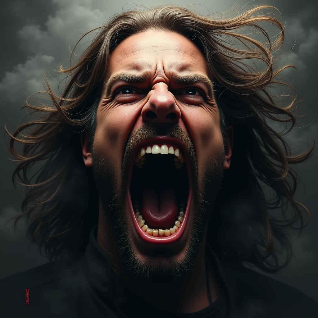 a cover for a heavy metal sampler it´s called "ROCK OR DIE". a face of a screaming longhaired rocker.