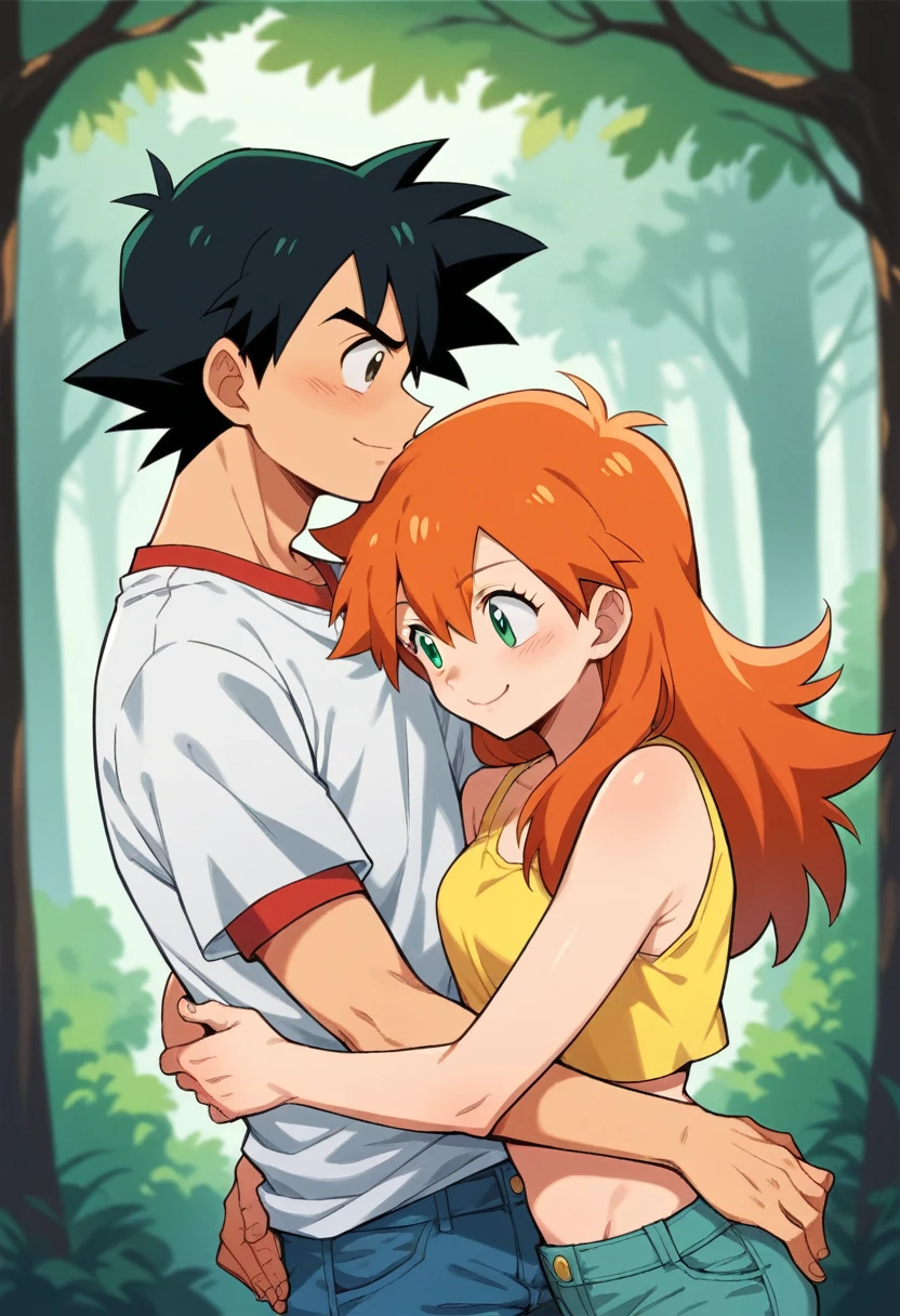 1boy, ash ketchum, black hair, brown eyes, hair between eyes, ash ketchum, black t-shirt, jeans, handsome boy, macho, good looking boy 1girl, misty pokemon, green eyes, orange hair, long hair, hair down, yellow crop top, jeans, pretty, beautiful girl photograph of a 1 couple, on a forest, they're showing off their love and affection for each other, they're caressing, intimacy, hugging