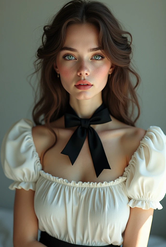 korean,realistic, masterpiece, final detail, photo realistic, intricate detail, octane rendering, 8K, 1Girl, full bodyperfect face, beautiful face, NSWF, trough reference, detail hair,, black bow, black gloves, black legs, blue eyes, blue hair, bow, collarbone, dress, drill hair, ruffles, ruffles, gloves, gwen, headdress, highres, long hair, parted lips, puffy sleeves, purple eyes, smile, solo, white dress, oil skin,palm skin, plump body, uneven skin tone, small red pigmentation on nose and cheeks, dark circles, glass skin, skin spots, acnes, skin blemishes, open pores, full body photo, It should look as if the photo has been clicked with a phone, fine line face skin , real human , fair skin , detail skin, long and curly brown hair.