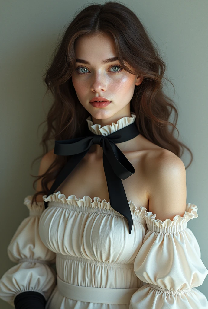 korean,realistic, masterpiece, final detail, photo realistic, intricate detail, octane rendering, 8K, 1Girl, full bodyperfect face, beautiful face, NSWF, trough reference, detail hair,, black bow, black gloves, black legs, blue eyes, blue hair, bow, collarbone, dress, drill hair, ruffles, ruffles, gloves, gwen, headdress, highres, long hair, parted lips, puffy sleeves, purple eyes, smile, solo, white dress, oil skin,palm skin, plump body, uneven skin tone, small red pigmentation on nose and cheeks, dark circles, glass skin, skin spots, acnes, skin blemishes, open pores, full body photo, It should look as if the photo has been clicked with a phone, fine line face skin , real human , fair skin , detail skin, long and curly brown hair.