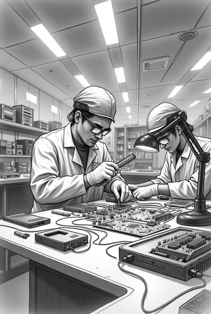 create a drawing about a computer equipment maintenance workshop