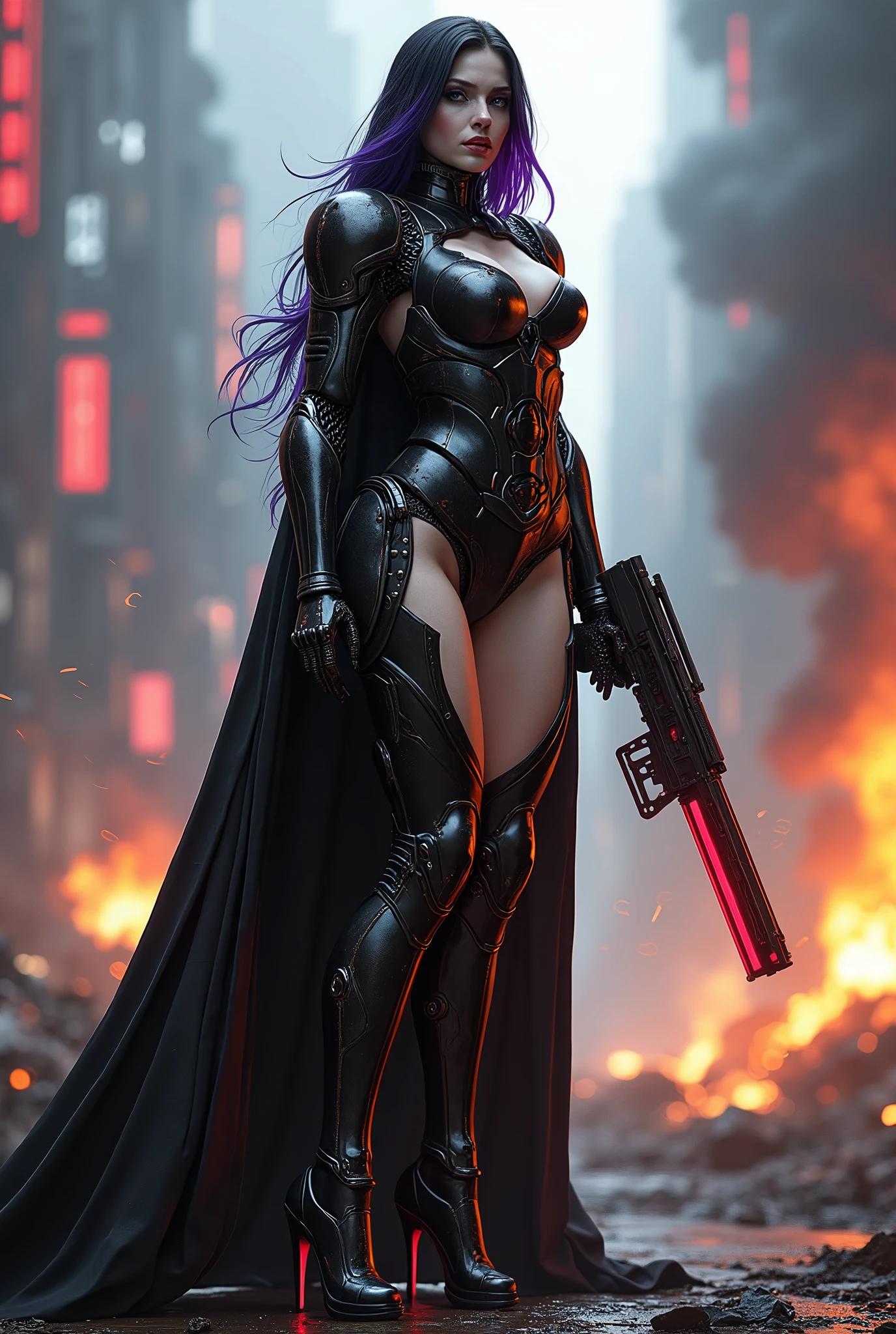 young Angelina Jolie, Full body pose wearing a mechanical suit, Large Breast, Mechanical wonder, Cyberpunk, Cybernetic Guardian, futuristic sexy black armor, full body, front pose, symmetry, intricate (steel metal [rust]), joints, warframe style, cyborg, fit muscular female body and armor, Beautiful body, Massive silicone breast, pale skin, seductive, temptation, eat your soul, clevage, long flowing black hair with purple highlights, heavy gothic makeup, at night, neon, holding a futuristic black and red laser rifle, sith queen, warrior queen, black latex cloak, stiletto heels, full body pose, wartorn ruins in the background, explosions and fire, night light, dark, hdr, detailed face, detailed skin, cinematic, dramatic, (cyberpunk megapolis:1.3), neon light, deep neckline,  high heels, 
