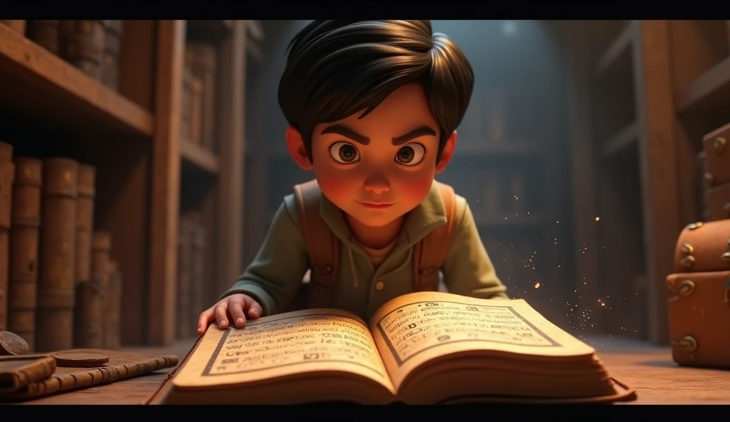 In 3D animation style:*Reading the ancient book**: Mohan discovering an old, dusty book near the door and flipping through its pages to find clues about the symbols.