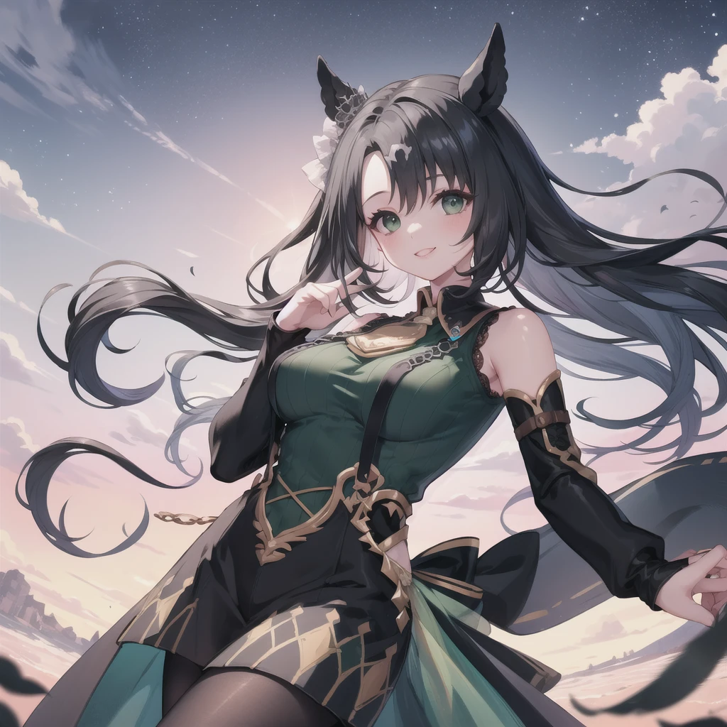 Highest quality、Highest quality、Highest Resolution、masterpiece、Anime Drawing、独奏、1 person。((green shoulderless long knit、Private Server))。pantyhose。lipstick、smile。Glamorous Body、Beautiful breasts、Touch your head with your hand、Active Posing。Black Hair、Long Hair、ponytail。Lots of hair ornaments。Beautiful child with horse ears。Night Sky、Strong winds、Chest centered。