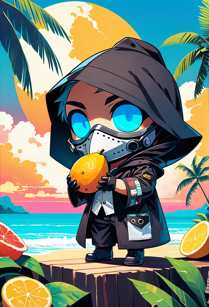 (masterpiece, best quality:1.1), (ultra highres, ultra-detailed:1.2),pop-art style,flatcolor, ((The boy is sitting and eating tropical fruits)),(in tropical resort,hawaii,bluesky), BREAK chibi-boy,(male Mad-scientist),(wearing plague-doctor costume,white beak-mask),eyes glow blue,black hood,black swimsuit, mecha arm,